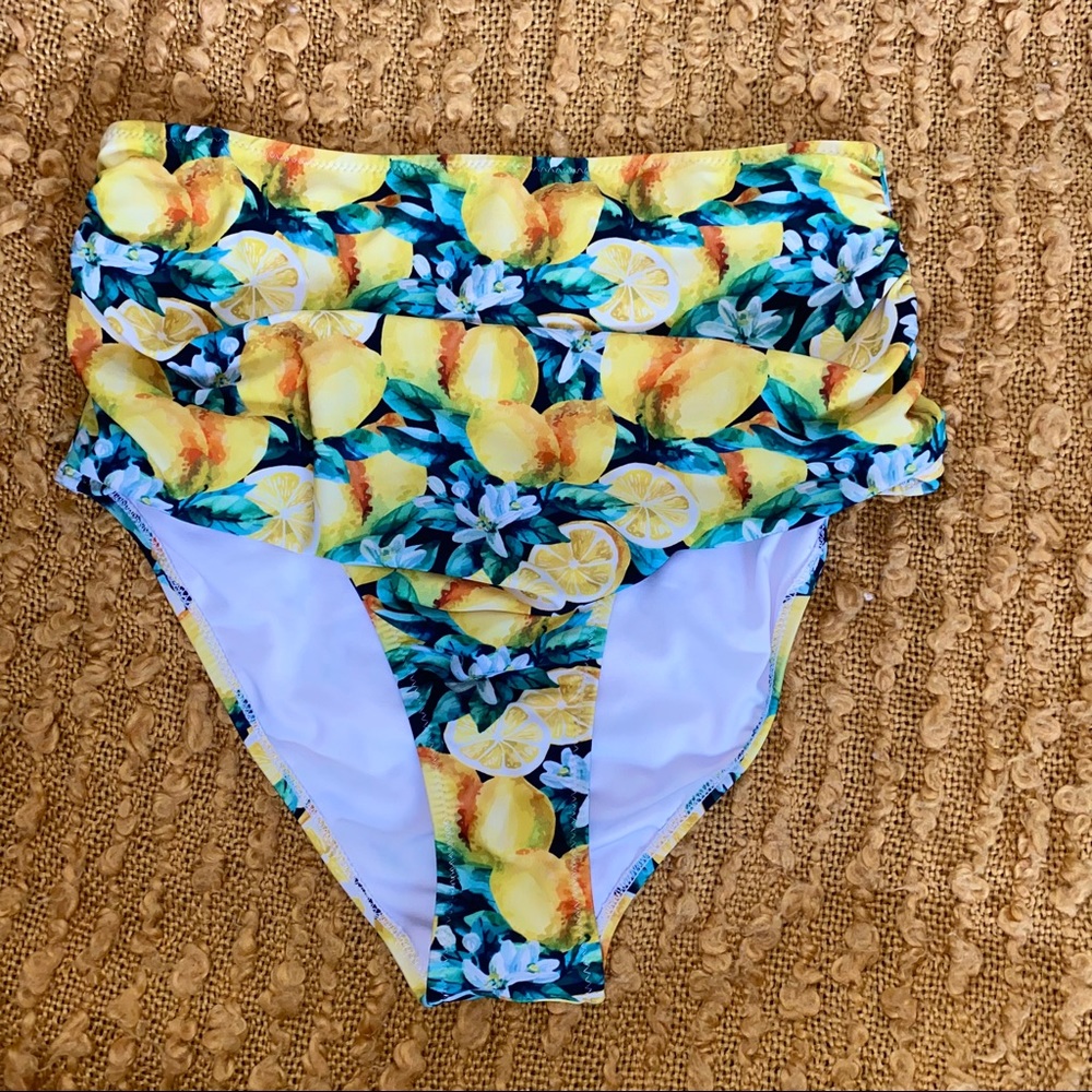 Lemon pattern high waisted shirred bikini bottoms